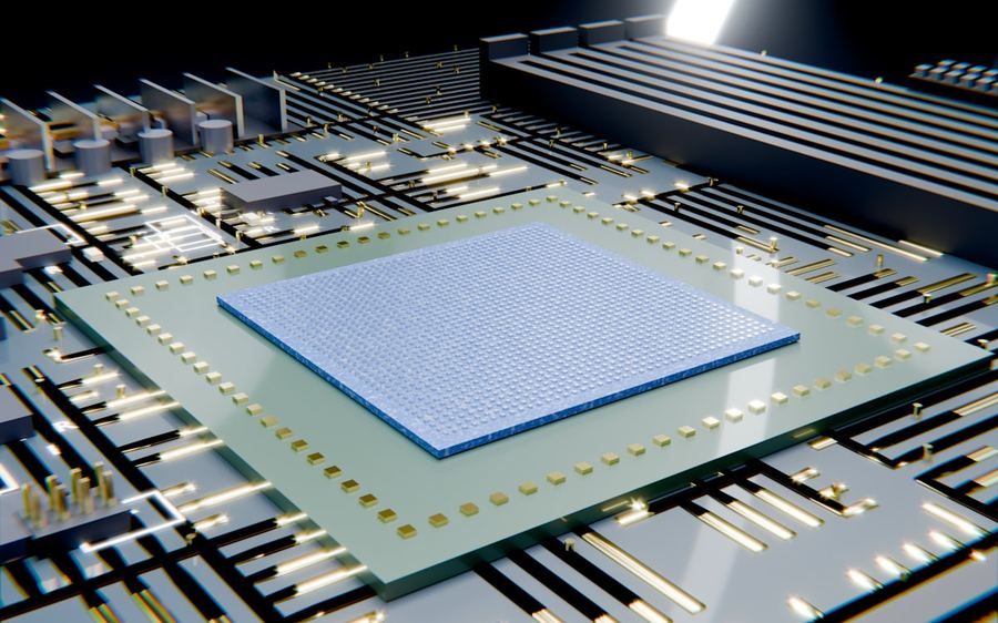 A processor die seated on a board, cool light across the package
