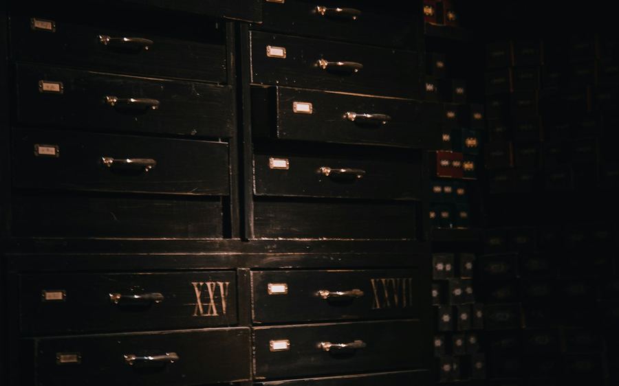 A dark row of server cabinets with status lights