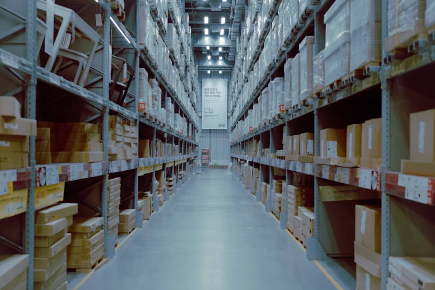 Long aisle between tall warehouse racks stacked with cartons, receding to a vanishing point